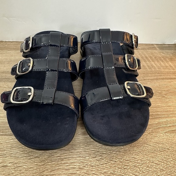 Vionic Misa Patent Leather Slide On Sandals US Hook & Loop Adjustable Navy‎ Blue - Picture 1 of 7